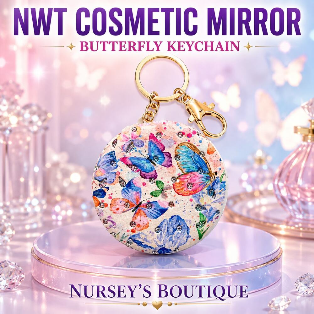NWT Butterfly Floral Cosmetic Mirror Keychain Rhinestone Bag Charm